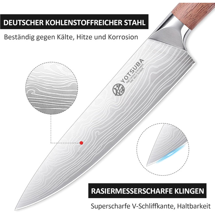 Набір кухонних ножів YOTSUBA 8 предметів з дерев'яним блоком, точилка, ножиці, кухонні ножі з нержавіючої сталі