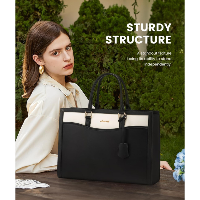 LOVEVOOK Сумка для ноутбука 15.6 дюймів, жіноча, велика, з натуральної шкіри, сумка-шоппер, сумка-тоут, для роботи, навчання, універсальна, чорно-бежева