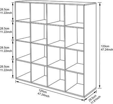 Книжкова шафа з 4 ярусами, дерев'яна книжкова шафа 4*4 Сходинкова полиця, Стояча полиця з 3 відділеннями, Відкрита полиця для зберігання Куб Полиця для одягу, іграшок, Офісна полиця для вітальні 16 кубиків білий