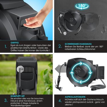 Шланг для саду KESSER® 35м з автоматичним підйомом | Шланг для поливу з тримачем для стіни | Водопровідна коробка для стіни з ручною лійкою 7-функцій | Антрацит/Чорний