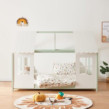 Дитяче ліжко Tostedt: ліжко-будиночок, ліжко для підлітків, ліжко-ігровий будиночок, ліжко з напіввідкритим дизайном Montessori, з масивного дерева (сосна), 120x200 см, рожево-біле