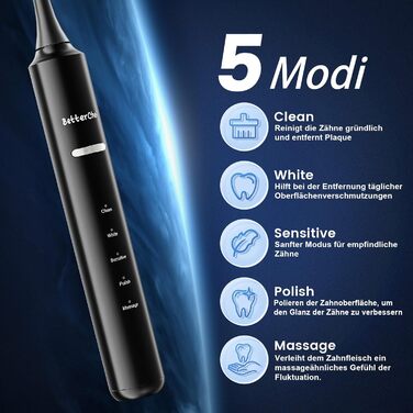 Електрична зубна щітка Betterchoi з магнітною левітацією, 41 000 VPM, 4 насадки, IPX7, 180 днів роботи, 5 режимів, таймер, чорна