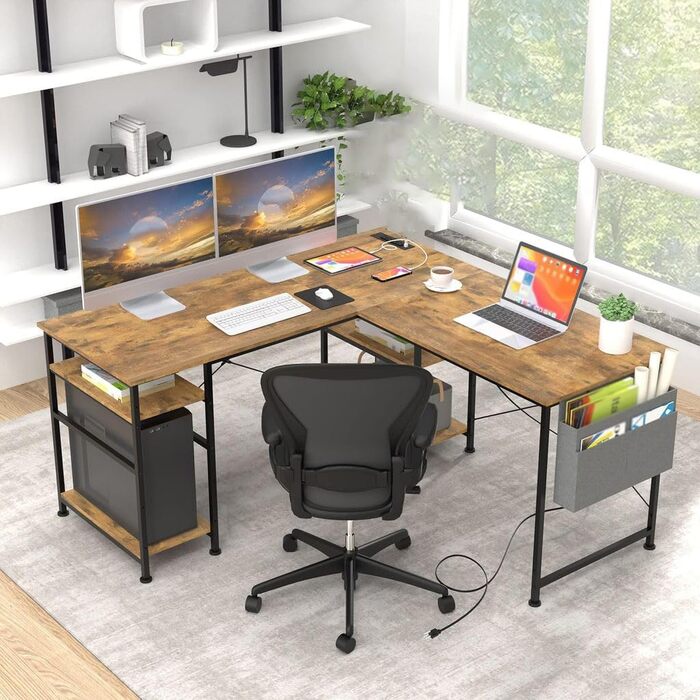 Ігровий кутовий стіл L-подібної форми з LED-підсвічуванням та розетками, 140x140 см, реверсивний комп'ютерний стіл з підставкою для монітора, 4 полиці та бічні кишені для дому та офісу (колір: коричневий, розміри: 140x140x74 см)