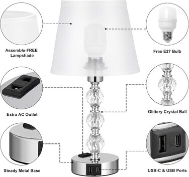 Набір приліжкових ламп Kakanuo Touch з можливістю затемнення з 2 шт. , кришталева настільна лампа з USB-AC, LED, білий тканинний абажур, 37 см