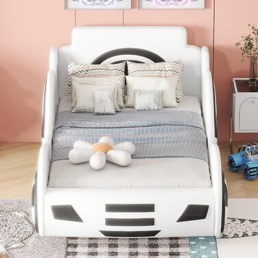 Дитяче ліжко-ліжко Merax 90 x 200 см, моделі автомобілів, односпальне ліжко з рейковим каркасом і ліжком для зберігання, ігрове ліжко для маленьких гонщиків хлопчиків і дівчаток, поліуретанова поверхня, до 250 кг, біле ліжко 90 x 200 см