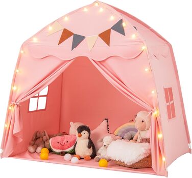 Дитяче намет-ліжко Dreamade 2-в-1 з гірляндою та прапорами, рожевий. Ігровий намет для дітей від 3 років, ігровий будиночок для дитячої кімнати