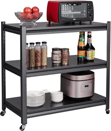 Металевий стелаж для кухні 80x86x45 см на коліщатках, чорний. Підходить для мікрохвильовки, інструментів, ванної кімнати та підвалу.