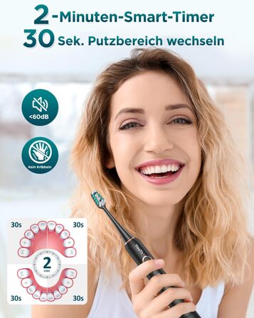 Електрична зубна щітка для дорослих і дітей - звукова, 8 насадок (3 типи), 90 днів роботи, 5 режимів, 50000VPM, кейс для подорожей, таймер, чорна