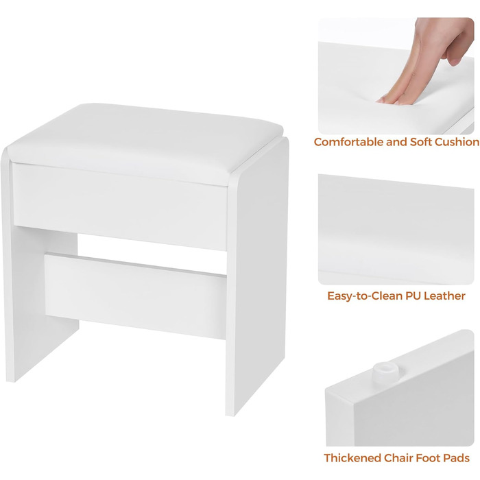 Великий туалетний столик ANWBROAD з LED-підсвічуванням (3 кольори) та розетками, білий, з дзеркалом та пуфом, 5 ящиків, скляні дверцята, 140x115x40 см, BDT68W