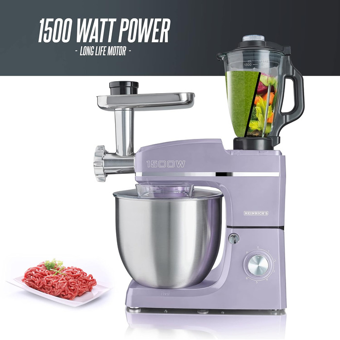 Кухонний комбайн HEINRICHS 3-в-1: міксер, м'ясорубка, кухонний прилад 1500W, 6 швидкостей, 1.5л чаша, 10л нержавіюча сталь (фіолетовий)
