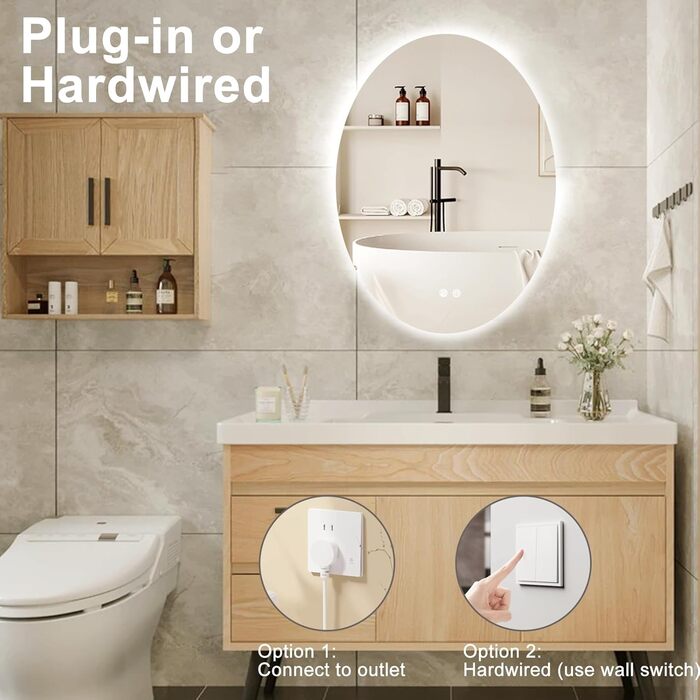 Дзеркало для ванної кімнати AONELAS BuLife з овальною підсвіткою, 71,1 x 50,8 см, антизапарник, 3 кольори, регульована яскравість, настінний монтаж, дзеркало для макіяжу з сенсорним вимикачем