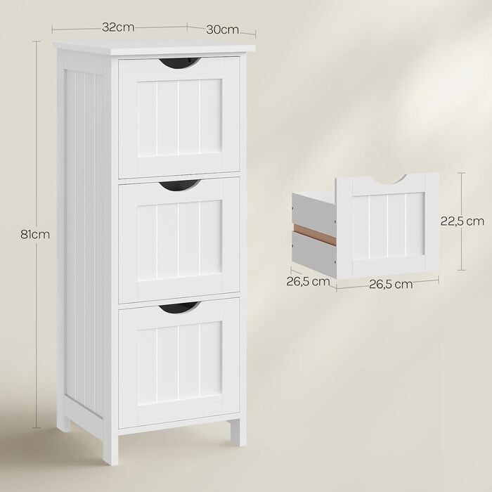 Шафа для ванної кімнати WOLTU, вузька шафа з 3 висувними ящиками, 32 x 30 x 81 см, для ванної, вітальні, спальні, кухні, сучасний дизайн, білий колір, BZS123ws