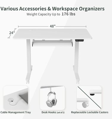 Письмовий стіл FEZIBO 120x60 см, електричний, регульований по висоті, лоток для клавіатури, сталеві Т-подібні ніжки, 3-функціональне управління пам'яттю, система захисту від зіткнень, коліщатка, білий, основа шухляди 120-біла (макс. 50 символів)