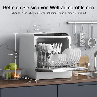BLITZHOME Міні посудомийна машина з керуванням через додаток, 6 програм, портативна, 5л бак, з/без підключення до води, функція сушіння, для кемпінгу