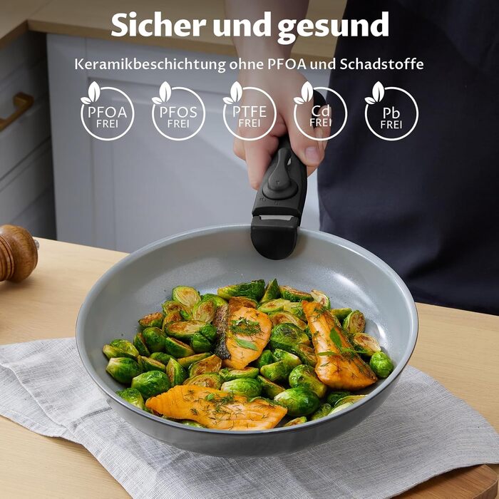 Набір каструль BEZIA 17 предметів з знімним ручками, антипригарне покриття кераміки, набір для індукційних плит, підходить для всіх типів плит, складається, набір каструль Induktion, посуд для кемпінгу, придатний для духовки (темно-сірий)