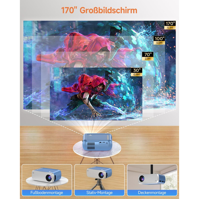 Mini Beamer Bluetooth WiFi: Портативний проєктор 1080P для телефону iPhone/Android, домашній/зовнішній, сумісний з USB/HDMI/Fire Stick/PS5