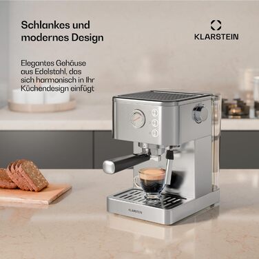 Klarstein SteelPresso Touch – кавомашина еспресо, 1350 Вт, нержавіюча сталь, 1,5 л, сенсорне управління, вбудований капучинатор, компактний дизайн