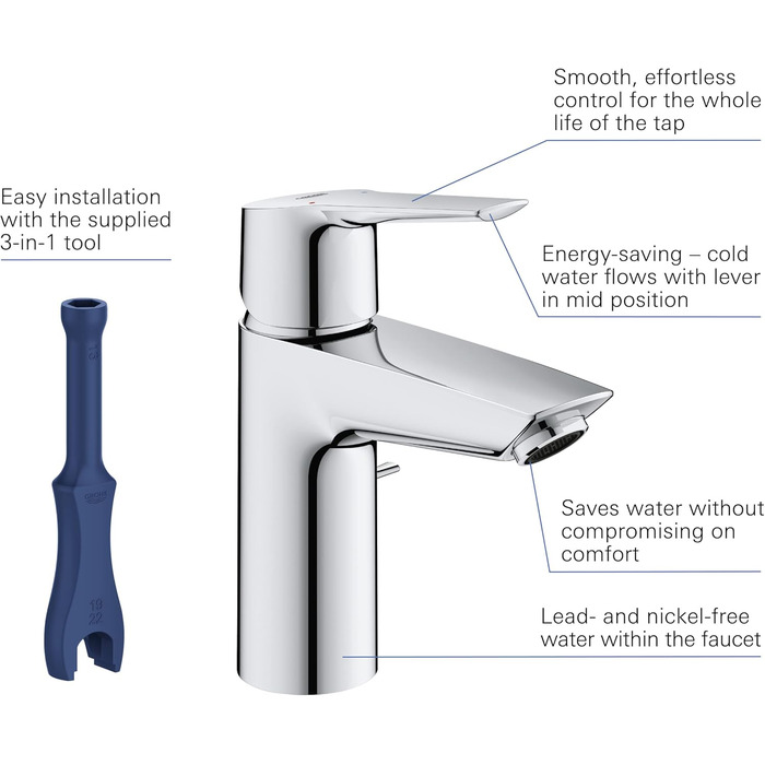 Змішувач для ванної кімнати Grohe Start, економічний, з холодною водою в середньому положенні, з поп-ап зливом, 19 см, хром, 3in1 інструмент, 23746002