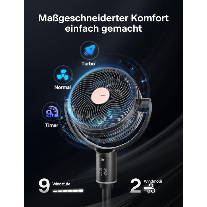 PELONIS вентилятор підлоговий Smart з осциляцією, DC мотор, 9 швидкостей, 26dB, регулювання висоти 36-110см, 9H