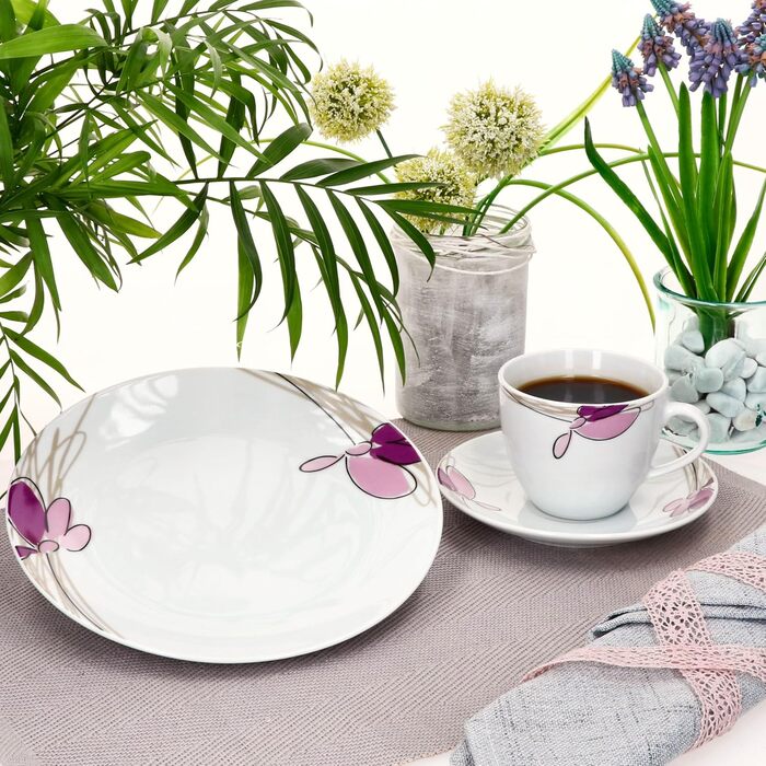 MamboCat Комплект посуду для кави та сніданку на 6 осіб, 18 предметів, біле порцелянове посуд з квітковим декором, 6 чашок 170мл, 6 підстаканників та тарілок