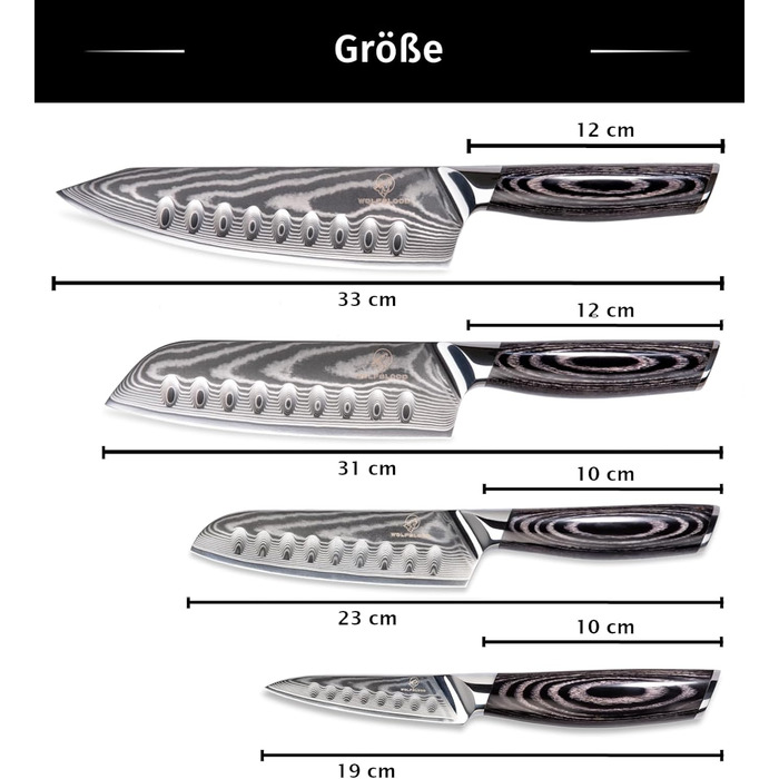 Набір кухонних ножів Wolfblood PRO Damaststahl XL (4 ножі) з нержавіючої сталі Дамаск, 33/31/23/19 см, з сертифікацією TÜV, 62 HRC, з дерев'яною ручкою, подарункова коробка та захист леза
