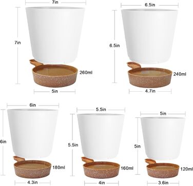 5 шт. пластикові горщики для квітів з системою поливу, 17.8/16.5/15.2/13.9/12.7 см. Самополивні кашпо з підставкою, круглі горщики для квітів, сукулентів, кактусів, кімнатних рослин, балкона та саду, зелені (білий, коричневий)