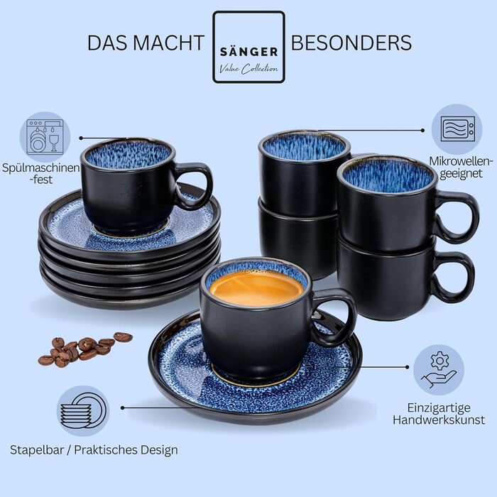 Набір чашок для еспресо SÄNGER Aruba (12 шт.) з порцеляни, 6 чашок мокко з блюдцями, блакитні чашки з чорним обідком, 80 мл, VALUE COLLECTION