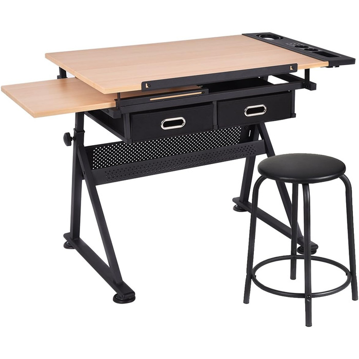 Дерев'яний дитячий стіл DREAMADE з регулюванням висоти та нахилу, з ящиками та табуретом - ідеальний для школи та офісу