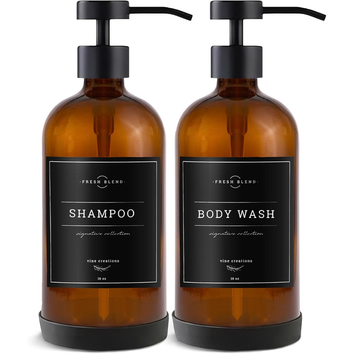 Набір дозаторів для мила на кухню та у ванну кімнату, 2 шт. з нержавіючою сталею, скляні флакони 475 мл, з водонепроникними етикетками