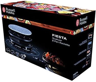 Гриль Ракулет Russell Hobbs 8 осіб з 8 сковородами та дерев'яним шпателем, 2 грильні поверхні: з натурального каменю з канавкою для соку та антипригарне поворотне решітка/тепаньякі, гриль для піци, 26280-56 (Raclette oval)