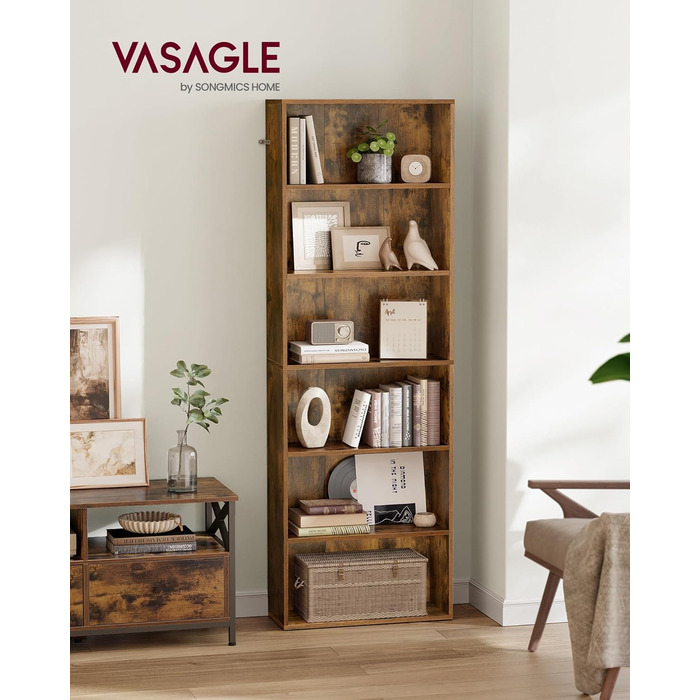 Книжкова шафа VASAGLE, 6 ярусів, індустріальний стиль, 24x60x178.5 см, вінтажний коричневий, для вітальні/офісу/спальні