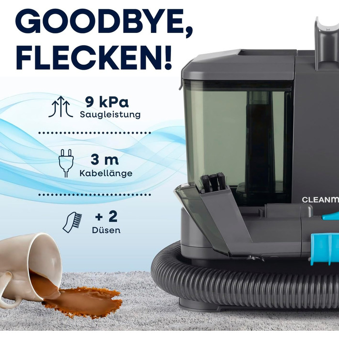 CLEANmaxx Професійний пароочисник та чистий для м'яких меблів Pro Steam | Плямистий очищувач & EASYmaxx Очисник килимів | Миючий пилосос та очищувач для диванів, авто, килимів, м'яких меблів тощо | Очищувач плям (Чорний з шампунем, Компакт 330W)