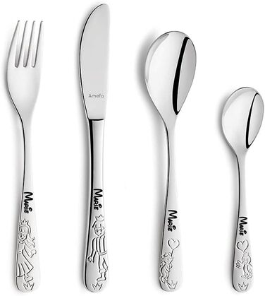 Дитячий набір столових приборів Kinderbesteck з гравіюванням імені/мотива принцеси, 4 шт. з нержавіючої сталі, гравіювання в стильних шрифтах