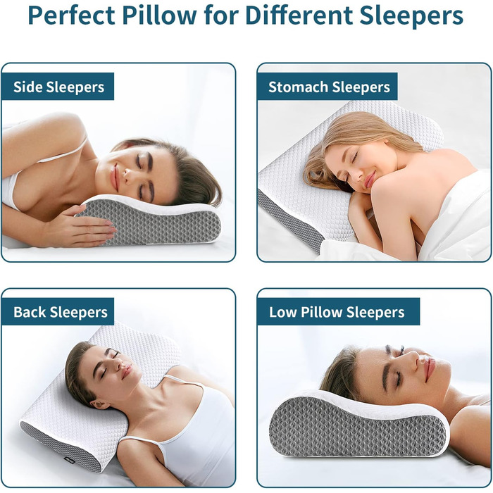 Подушка для шиї з Memory Foam для зняття болю, ортопедична подушка для сну, для сну на боці, спині, животі, біла & сіра