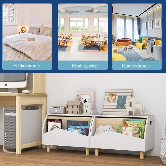 Дитяче книжкове та іграшкове шафка SOARS 2 в 1, білий, 60 x 30 x 44 см. Масивні дерев'яні ніжки, органайзер для іграшок з кришкою та відкритими полицями. Шафа для дитячої кімнати.