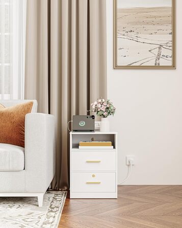 Приліжковий столик Hzuaneri з USB, Type-C, LED-підсвіткою, 2 шухлядами і замком, білий для спальні/вітальні