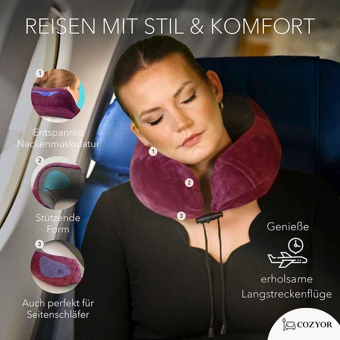 Комплект для подорожей Cozyor 4 в 1: подушка для шиї, маска для сну, надувна подушка та ковдра 2 в 1, беруші, з кріпленням для рюкзака та валізи, червоний, бордовий (Berry)