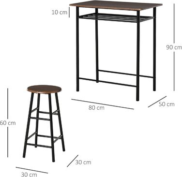 ХОМКОМ 3 шт. Набір барних столів обідній стіл, 2 барні стільці, полиця для зберігання, металева, 80x50x90 см, чорна