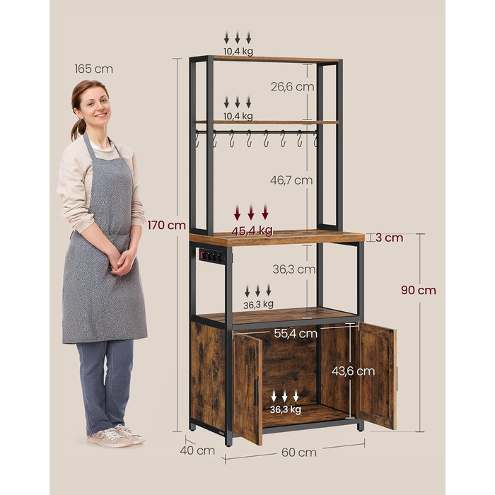 Поличка кухонна VASAGLE з розетками, шафка, стільниця 90 см, напольна полиця з 8 гачками, 40 x 60 x 170 см, вінтажний коричневий + чорний, KKS058K02