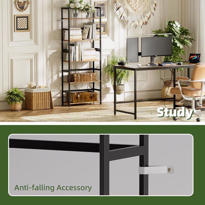 5-ярусна полиця для книг, індустріальна полиця з бамбуковим каркасом, сучасна вітрина, органайзер для зберігання з дерева для вітальні, домашнього офісу, рустикальний коричнево-чорний колір