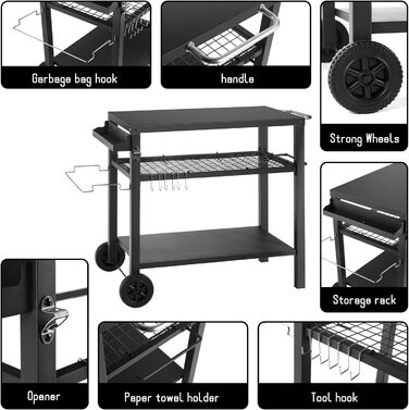 Столик для гриля з великою робочою поверхнею | Гриль-бічне столик, вуличний гриль-тролей, гриль-стіл для вулиці, стільниця з нержавіючої сталі для саду (сріблястий/чорний, 112*59*82 см)