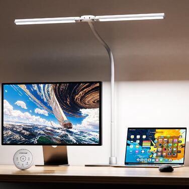 Стіл лампа з двома головками для дітей, захист очей, 16W, 72см, денне світло, диммування, пульт ДУ, лебединий шийка, матовий білий