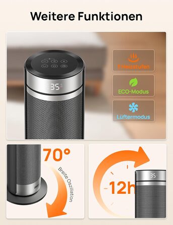 Електричний обігрівач Dreo 23 дюйми, 2000 Вт, тихий, з пультом, таймером, осциляцією, 5 режимів, PTC-кераміка, термостат, для великих приміщень, офісу, срібний