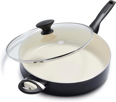 GreenPan Rio: антипригарна сковорода з керамічним покриттям 30 см, 4.8 л з кришкою, без PFAS, охолоджувальна ручка, до 160°C в духовці, для миття в посудомийній машині, чорно-кремовий колір, не для індукції