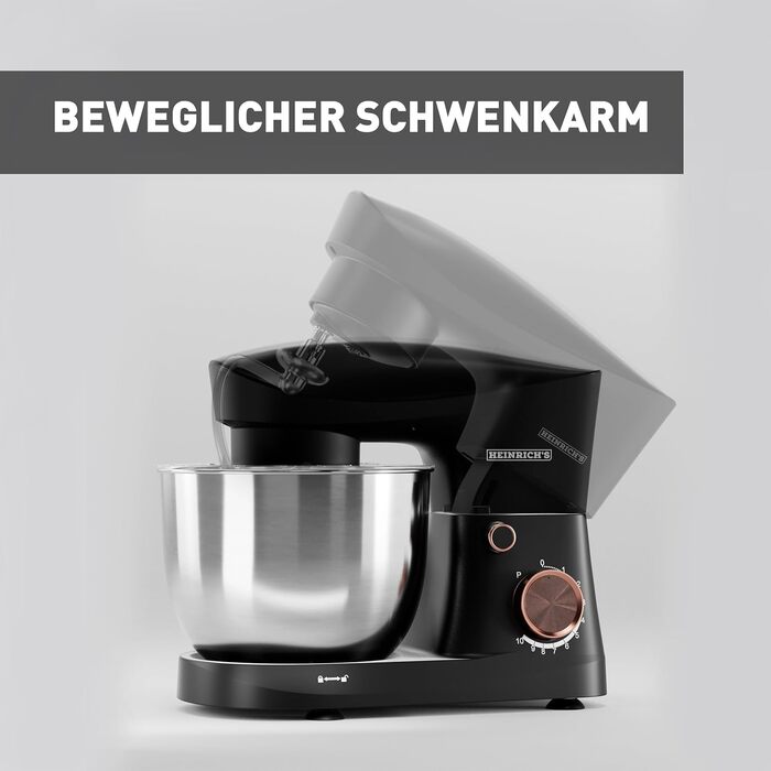 Кухонна машина Heinrichs 1500W з місткою чашею 6L з нержавіючої сталі, 10 швидкостей, набір насадок (міксер, гак для тіста, вінчик)