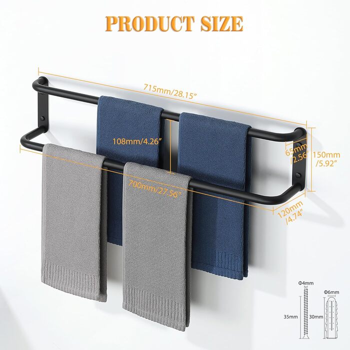 Тримач для рушників подвійний, 70 см, чорний, з нержавіючої сталі 304, для ванної кімнати та кухні