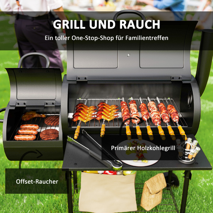 Сталевий вугільний гриль Outsunny BBQ Smoker з кришкою, термометром, колесами, полицею, рухомий гриль-візок з регулюванням подачі повітря, вугільний кошик, вугільний гриль для барбекю, кемпінгу, саду 109x60x120 см | Aosom
