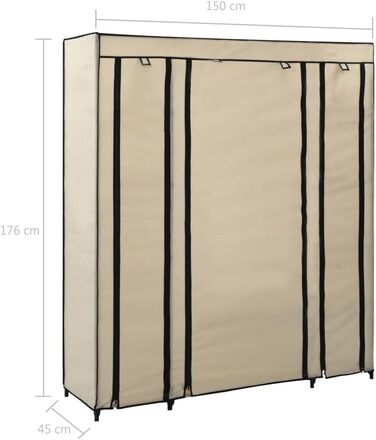 Тканинний шафа VidaXL з відділеннями, Вішалки для одягу, складаний Шафа, гардероб для кемпінгу, гардероб для вітальні, спальні, підвалу, 150x45x176 см (кремовий)