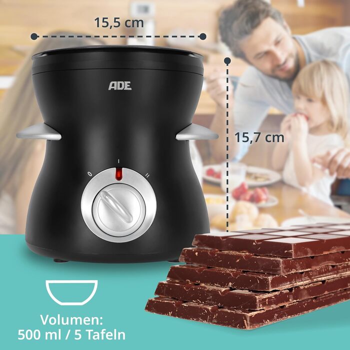 Електричне шоколадне фондю ADE 250 мл з 6 шампурами | 2 температурні режими для плавлення та підтримання тепла | Апарат для шоколаду та кувертюри | Знімна чаша з тефлоновим покриттям 250 мл для 1-2 осіб