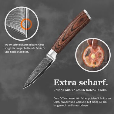 Ніж Wakoli EDIB офісний з дамаської сталі (серцевина VG10), 8,5 см - гострий та компактний. Підходить для кухні, фруктів та овочів. Дамаський ніж з ручкою з паккавуду в подарунковій коробці.